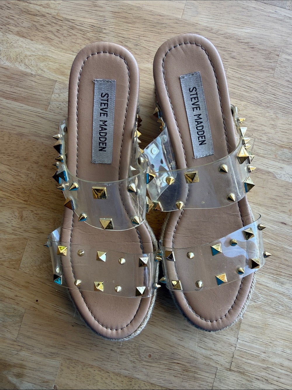 Steve Madden Clear Slide Sandals with Gold Pyramid Studs